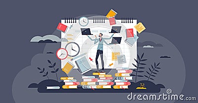 Overemployment and struggle about busy time schedule tiny person concept Vector Illustration