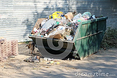 Overfilled trash dumpster in ghetto neigborhood in Stock Photo