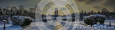 overfiltered artistic winter landscape panorama in Carol Park from Bucharest Stock Photo