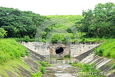 Overflow weir Summer has no water. Stock Photo
