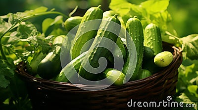 Overflowing basket of luscious and green cucumbers Stock Photo