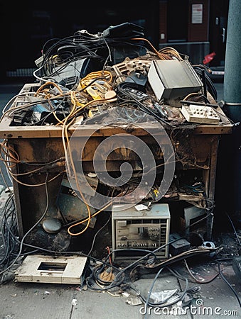 An overflowing dumpster jammed with broken furniture electrical cords and paper waste.. AI generation Stock Photo