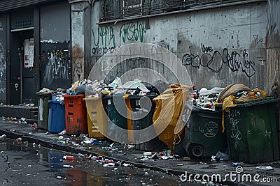 Overflowing garbage containers and bags clutter urban street corner Stock Photo