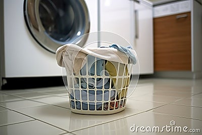 overflowing laundry basket in a bathroom Stock Photo
