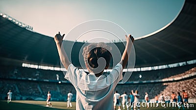 Fervent children football aficionado arms raised high in euphoria. Generative AI Stock Photo