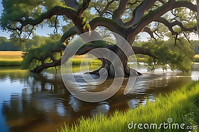 An Overflowing River Engulfs an Ancient Oak Tree: Water Swirling Around Its Trunk, Branches Partially Submerged Stock Photo