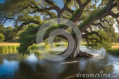 An Overflowing River Engulfs an Ancient Oak Tree: Water Swirling Around Its Trunk, Branches Partially Submerged Stock Photo