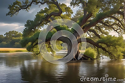 An Overflowing River Engulfs an Ancient Oak Tree: Water Swirling Around Its Trunk, Branches Partially Submerged Stock Photo