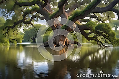 An Overflowing River Engulfs an Ancient Oak Tree: Water Swirling Around Its Trunk, Branches Partially Submerged Stock Photo