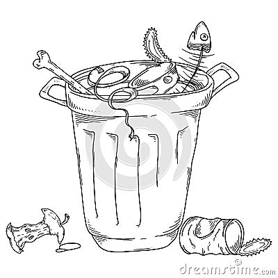 Overflowing trash can. Vector unsorted pile of garbage Vector Illustration