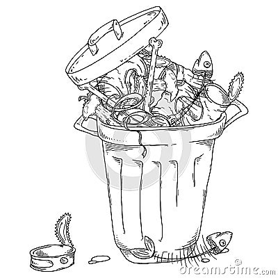 Overflowing trash can. Vector unsorted pile of garbage Vector Illustration