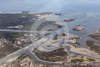 Overflying the lagoon of venice with swamp area and small islands Stock Photo