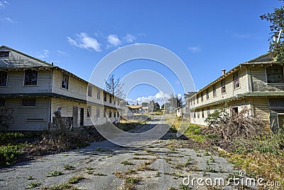 Overgrown and cracked asphalt street between two deserted, condemned barracks Stock Photo