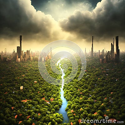 overgrown post-apocalyptic city, flooded cityscape Stock Photo