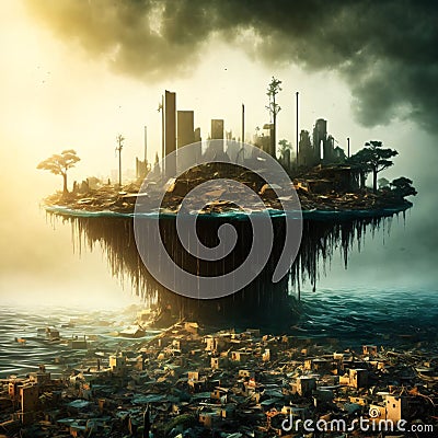 overgrown post-apocalyptic city, flooded cityscape Stock Photo