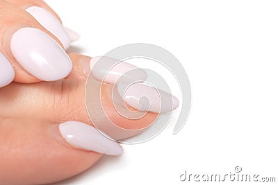 Overgrown shellac nails on female hands on white background. Nails care. Time for correction gel polish Stock Photo