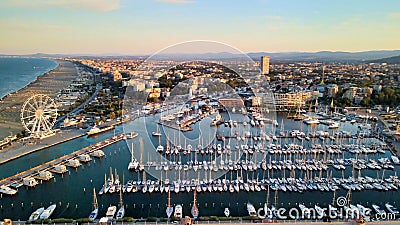 Overhead aerial view of Rimini Port with docked Boats, Italy Stock Photo