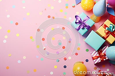 Overhead background collection of colorful birthday party objects and gift box on a pastel color background Ai Generative Stock Photo