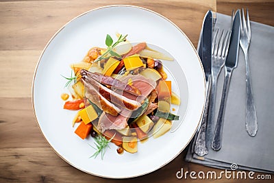 overhead of confit de canard with roasted vegetables Stock Photo