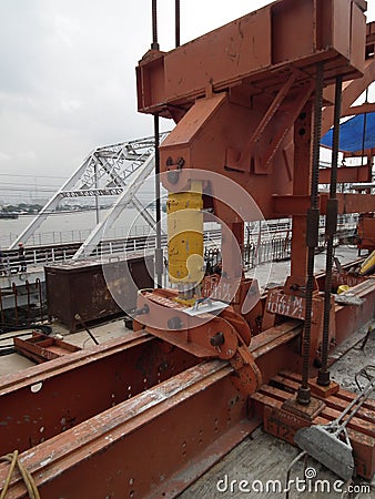 Overhead crane Steel rod Construction concrete worker post tension bridge Stock Photo