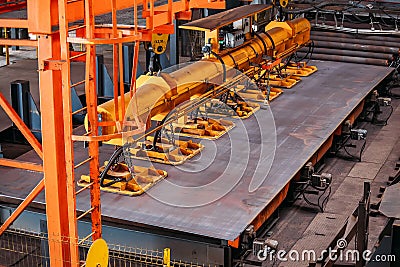 Overhead crane with vacuum handling grippers, close up Stock Photo