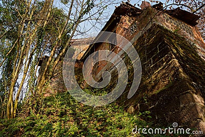 Overhead deserted brick buildings of 1970s,in former 630 factory Stock Photo