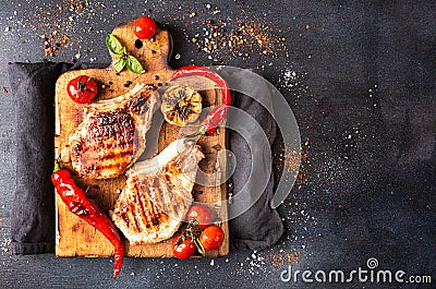 Overhead of dinner table. Delicious grilled barbecue pork meat o Stock Photo