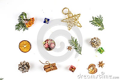 OVERHEAD FIR BRANCH AND MANY CHRISTMAS DECOR ORNAMENT IN LINE Stock Photo