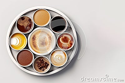 Overhead food shot of different coffeee cups and brews Stock Photo