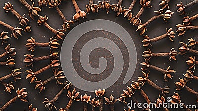 An overhead image of aromatic cloves arranged in a circular pattern. Generative Ai Stock Photo