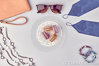 Overhead outfit fashion essentials set, macarons Stock Photo