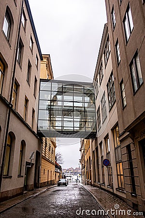 Overhead passageway / skywalk, GrevgrÃ¤nd street, Blasieholmen, Stockholm, Sweden Editorial Stock Photo