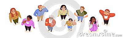 Overhead people looking up. Surprised characters faces watching, staring, top down view. Amazed shocked men, women Vector Illustration