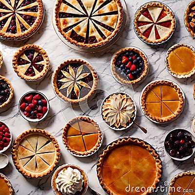 Overhead photo of different pies, tarts, and deserts on white marble table Stock Photo