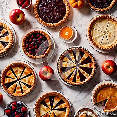 Overhead photo of different pies, tarts, and deserts on white marble table Stock Photo