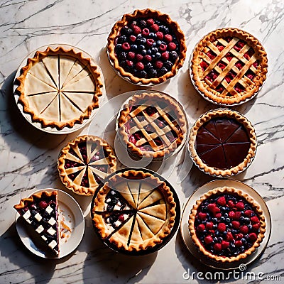 Overhead photo of different pies, tarts, and deserts on white marble table Stock Photo