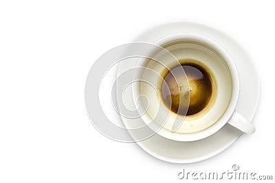 An overhead photo of empty coffee cup on white. Dirty empty white porcelain cup on the plate. Messthetics aesthetic Stock Photo