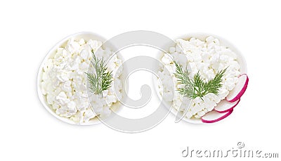 An overhead photo of fresh natural cottage cheese, two white ceramic bowls isolated on white. Green dill. Organic eco healthy meal Stock Photo