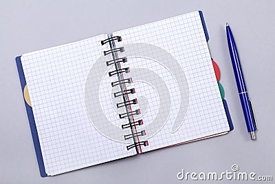 Overhead photo of an open journal notebook with a pen, top view, a diary on a gray background with a place for text Stock Photo