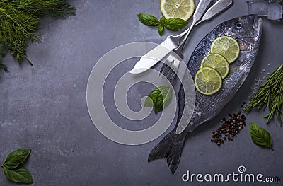 Overhead photo of sea bream fish with seasonings Stock Photo