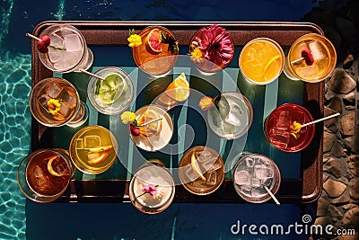 overhead shot of assorted cocktails on poolside tray Stock Photo