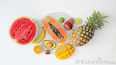 Overhead shot of assortment of exotic fruits isolated on white background Stock Photo