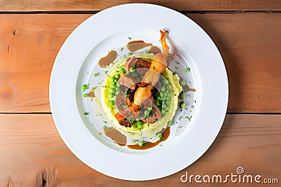 overhead shot of bangers and mash with peas on a plate Stock Photo