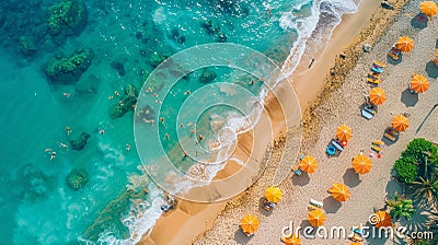 Aerial View of Sunny Beach with Colorful Umbrellas and Swimmers Stock Photo