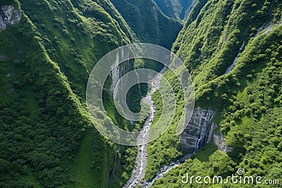 overhead shot of a hanging valley created by glaciation Stock Photo