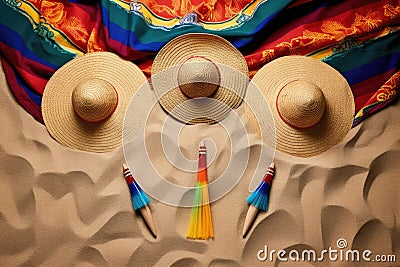 overhead shot of maracas, sombrero and mexican poncho on a sandy beach Stock Photo
