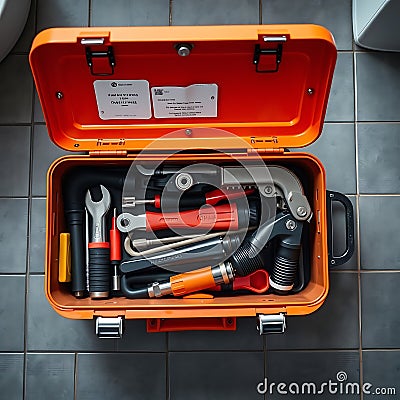 An overhead shot of a plumbers toolbox open on a tiled bathroom floor with tools arranged systematically inside Stock Photo