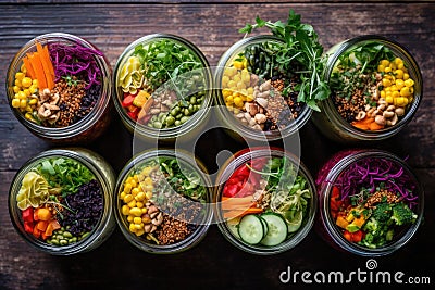 overhead shot of vegan meal prep salads in mason jars Stock Photo