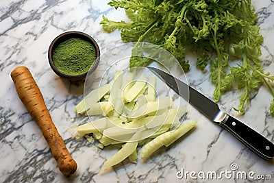 overhead shot of wasabi roots, paste, and a knife on a marble countertop Stock Photo