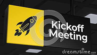 Overhead sign with rocket icon for kickoff meeting 3d illustration. Strategic launch of project Cartoon Illustration